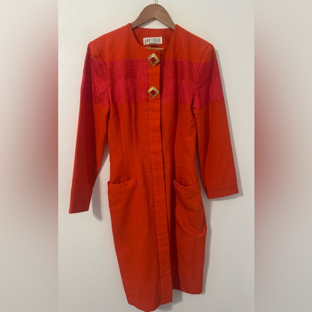 Vintage Ann Tobias 80s Dress Coat Embroidered Fringe Gold Statement Buttons 8